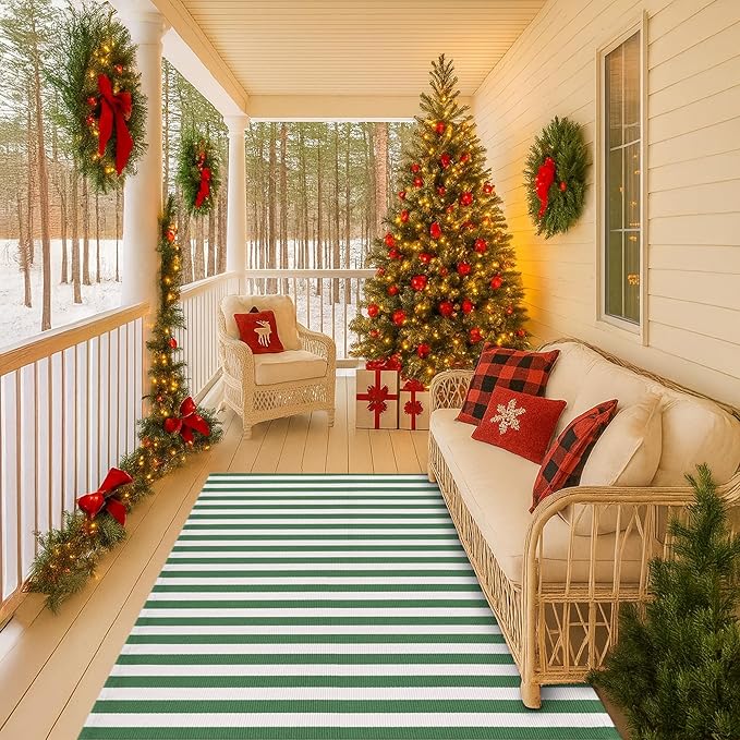 Christmas Green & White Striped Rug - 4' x 6' Outdoor Front Door Decor Mat Cotton Washable Hand-Woven Rug Christmas New Year Holiday Porch Entryway Layered Doormat