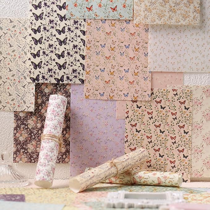 160 Sheets Vintage Flower Scrapbook Paper Purple Pink Flowers with Cursive Script No Repeating Patterns Perfect for Junk Journal DIY Cards Craft Albums Scrapbooking Supplies (Pink, 3.9 x 5.5 inches)