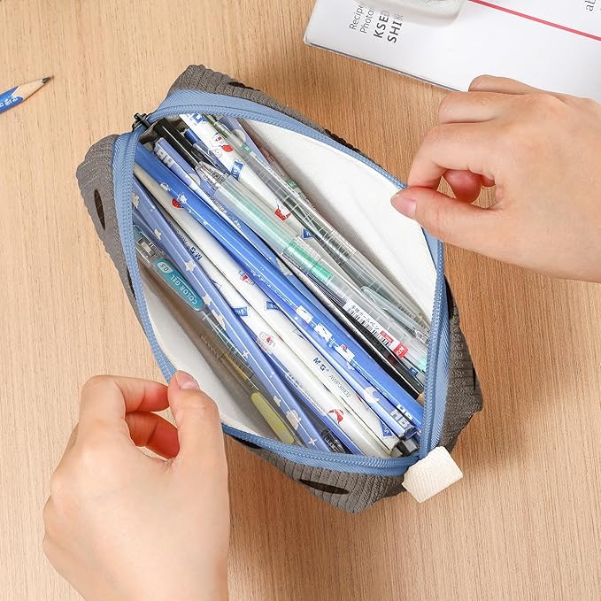 Pencil Bag Pen Case, Soft Corduroy Small Pencil Pouch Organizer with Zipper, Cute Pencil Case Pouch Stationery for Girls and Boys – Dot Grey