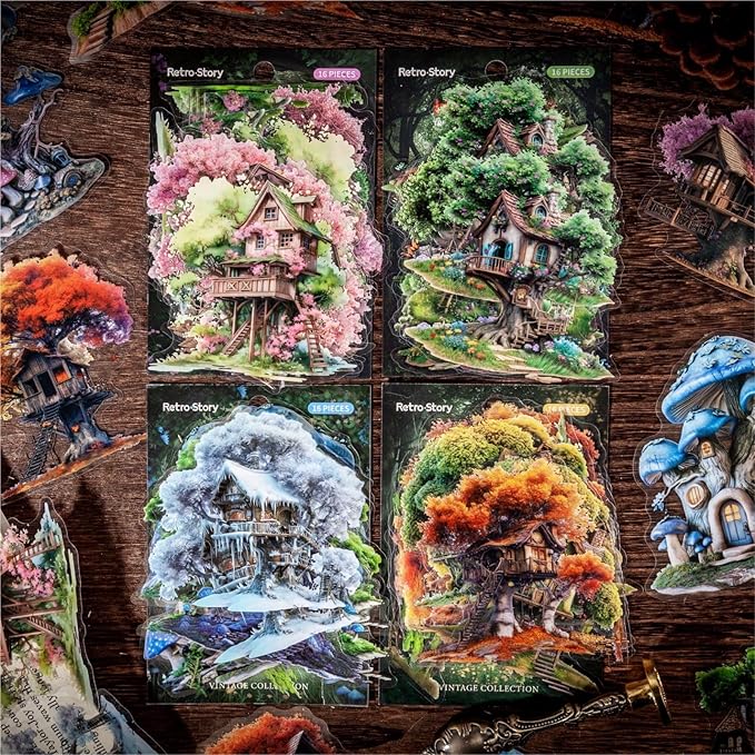64 Pieces Aesthetic Fantasy Tree House PET Sticker Set, 4 Pack Vintage Magic Tree House Stickers for Scrapbooking, Journaling, DIY Crafts Arts, and Junk Journal Supplies
