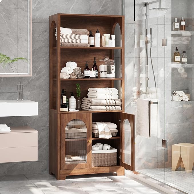 RARZOE 71" Tall Bookshelf and Bookcase, 5-Tier Arched Bookshelf with Glass Doors, Floor Standing 5 Shelf Book case, Wood Display Cabinet Storage Organizer for Living Room, Bedroom, Office(Walnut)