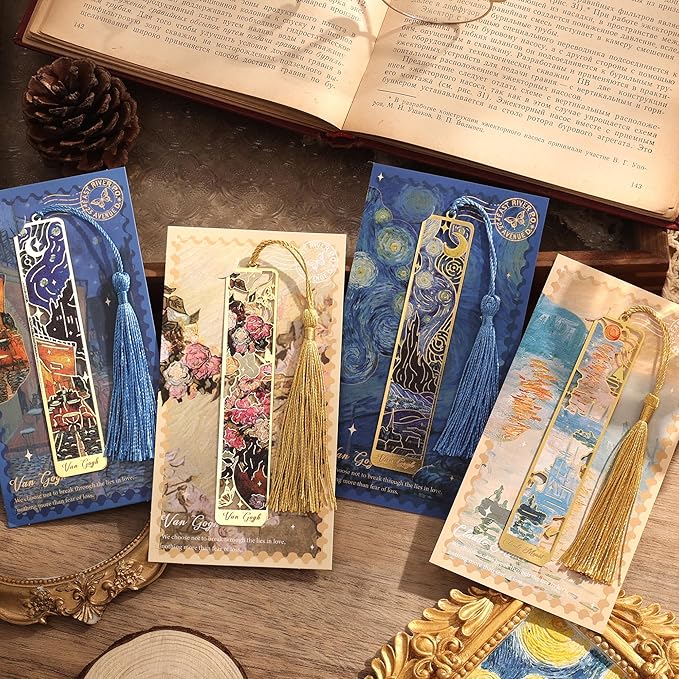 4 Pieces Metal Bookmarks with Tassel, Golden Hollow Bookmark Monet Oil Painting Theme Book Mark Bookmarks for Book Lovers Writers Readers Children Teens for Women Adults