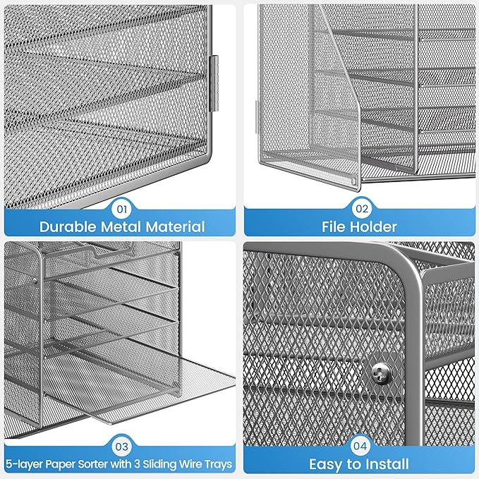 Lavatino 5-Tier Metal Mesh Desk Organizer with File Holder & 7 Customizable Compartments | Paper Letter Tray for Office or Home Desk Storage | Keep Workspace Supplies Neat & Organized, Silver