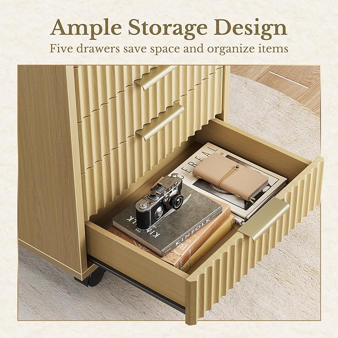5 Drawer Chest, Under Desk Storage Wood Drawers with Wheels,Fluted File Cabinet for Home Office, Light Walnut