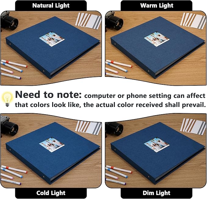 Vienrose Scrapbook Photo Album 12x12 Inch 3 Ring Binder, Linen Cover Large DIY Scrapbooks with 50 Sheets Plastic Sleeves 100 Pages Blank Black Inner Pages for Wedding Birthday Travel Baby Photos Blue