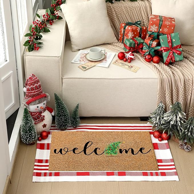 2 Pcs Christmas Door mat Outdoor Coir Outdoor Rugs Christmas Tree Welcome doormats Layered Red White Xmas Tree doormats for Front Porch Entryway Entrance Yard Decor
