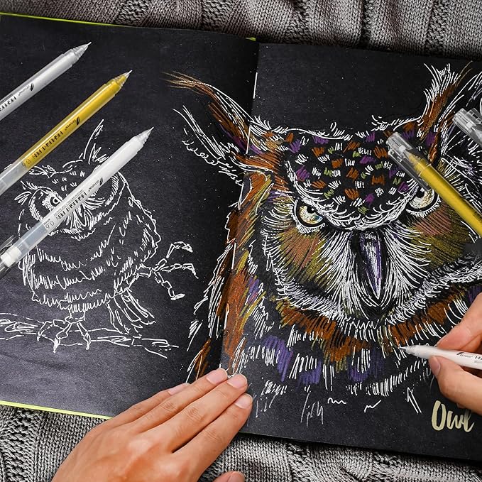 3 Colors 0.6mm Extra Fine Point Gel Pen Set – White, Gold & Silver Gel Ink Pens for Artists Drawing on Black Paper, Sketching, Bullet Journaling & Holiday Crafts