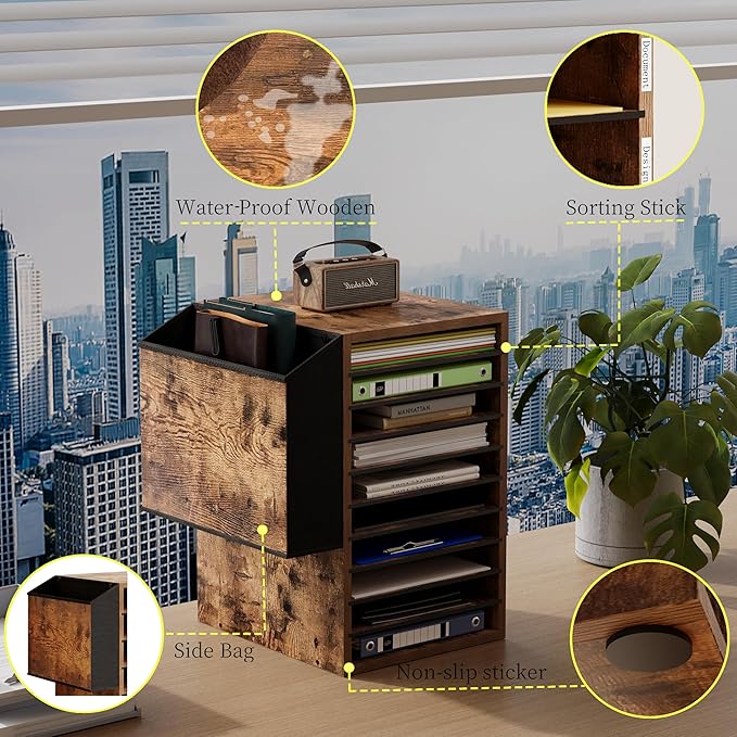 Office Mail Sorter, Wooden Paper Organizer with Storage Bag, 10 Tier Adjustable Classroom Mailbox, Removable Classroom Organization, Teacher Desk Organization for Office, Study, Brown