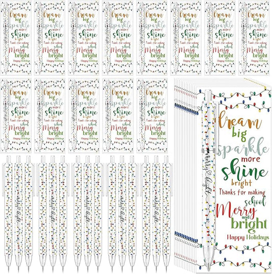 50 Sets Christmas Pens Bulk Christmas Employee Appreciation Gifts Bulk String Lights 0.7 mm Mechanical Pencils with Bookmarks Coworkers Xmas Gifts for Staff Teacher Office Team