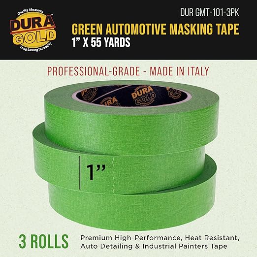 Dura-Gold Green Automotive Masking Tape 1 Inch (24mm x 55 Yards), 3 Rolls - Premium High-Performance, Heat Resistant - Auto Refinish Painting, Car Detailing, Autobody, Industrial, Painters Tape