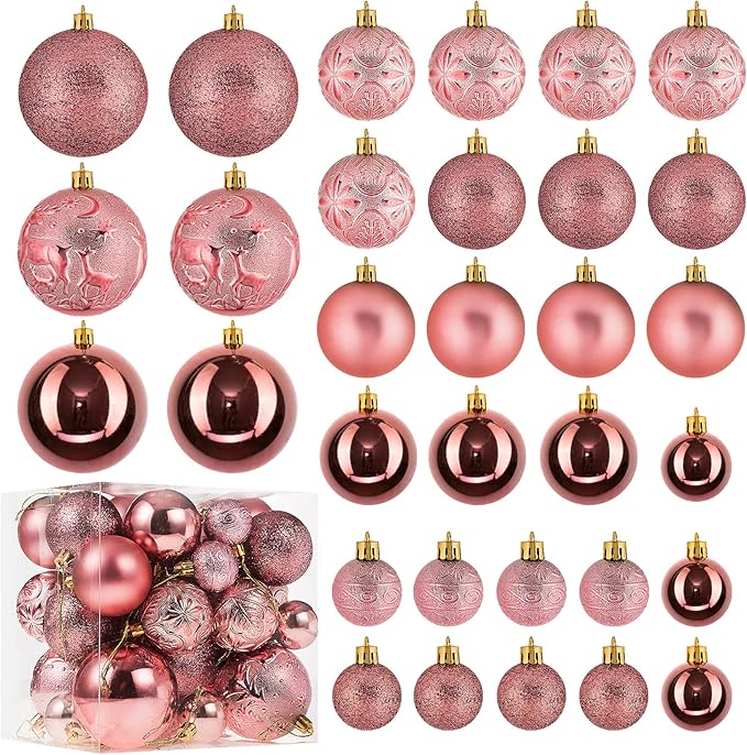 Senjie Rose Gold Shatterproof Christmas Ornaments, 32 Pcs, Plastic, Hanging, Christmas, Wedding