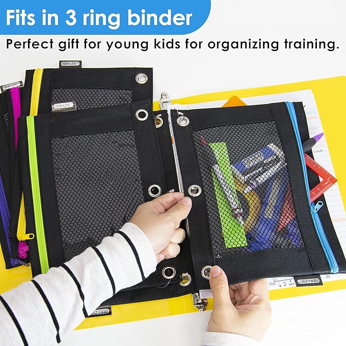 BAZIC Pencil Pouch 3 Ring Binder Pouch w/Rivet Enforced Rings Holes, Neon Black Color Mesh Window Zipper Pouches, 24-Pack