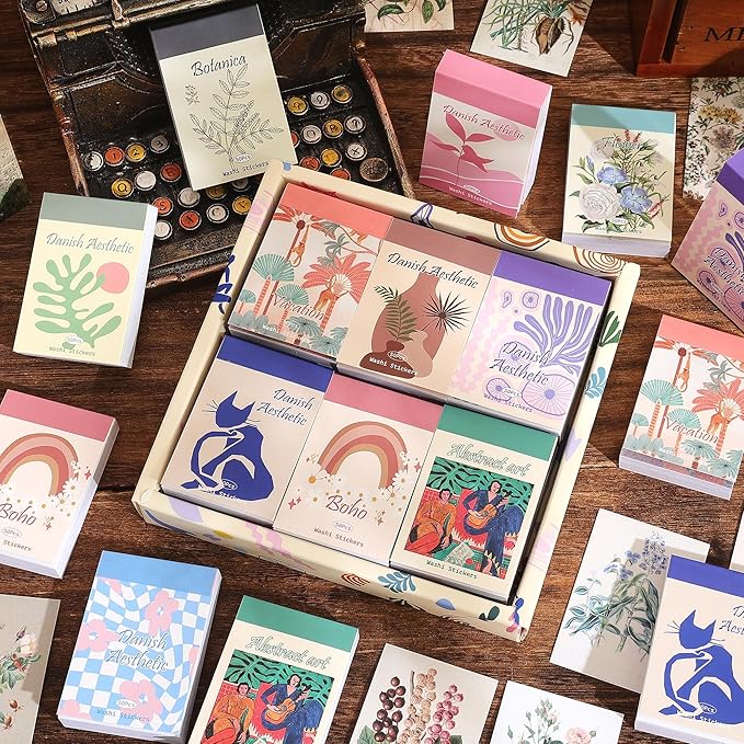 12 Sets 600 Sheets Washi Stickers for Journaling, Boho, Abstract, Vintage Scrapbook Sticker Set for Bullet Journal Art Diary Card Craft Gifts Planner Notebook