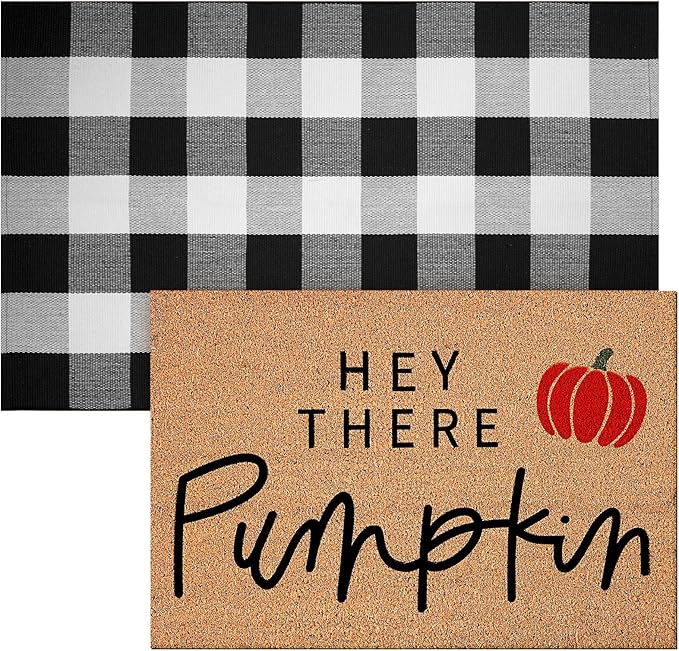 2 Pcs Fall Coir Doormat Outdoor Hey Pumpkin Welcome Outdoor Rugs for Layered Buffalo Black White Plaid Mats for Thanksgiving Autumn Fall Front Door Porch Entryway Decor