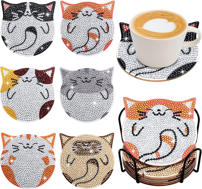 handlish 6 Pieces of Cute cat Diamond Art Coaster with Stand, Adult and Child Diamond Painting Art Set, DIY Diamond Art for Beginners, Family Craft Items (CAT)
