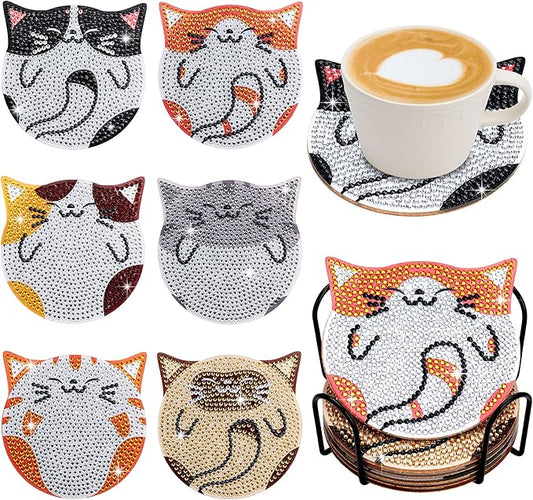 handlish 6 Pieces of Cute cat Diamond Art Coaster with Stand, Adult and Child Diamond Painting Art Set, DIY Diamond Art for Beginners, Family Craft Items (CAT)