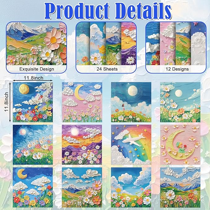 48 Sheets Scrapbook Paper 11x11, Oil Painting Floral Pattern Decorative Scrapbook Paper for Journals DIY Cards and Photo Albums, Aesthetic Craft Supplies for Kids and Adults