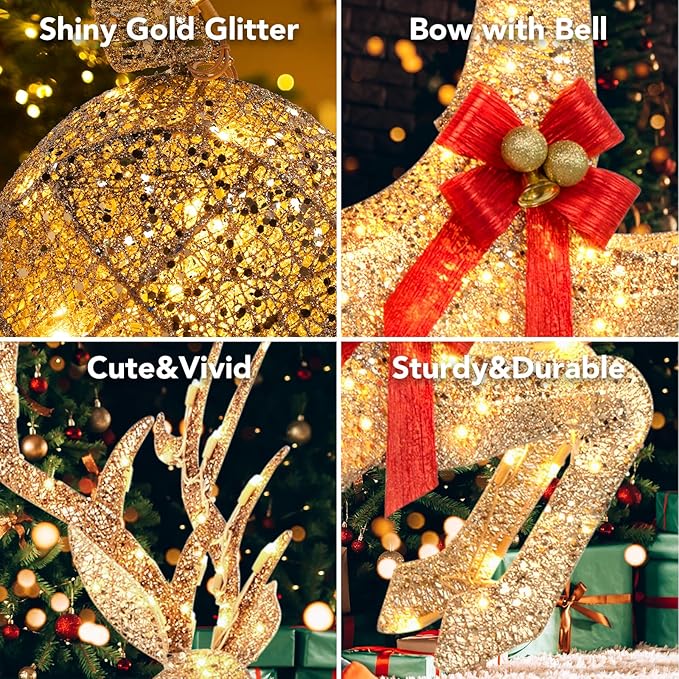 NALONE 3 PC Lighted Reindeer Family Set, 3D Large Christmas Deer Decoration for Outdoor Yard with 210 Warm White LED Lights, Xmas Deers for Outside with Stakes, Bow Ties