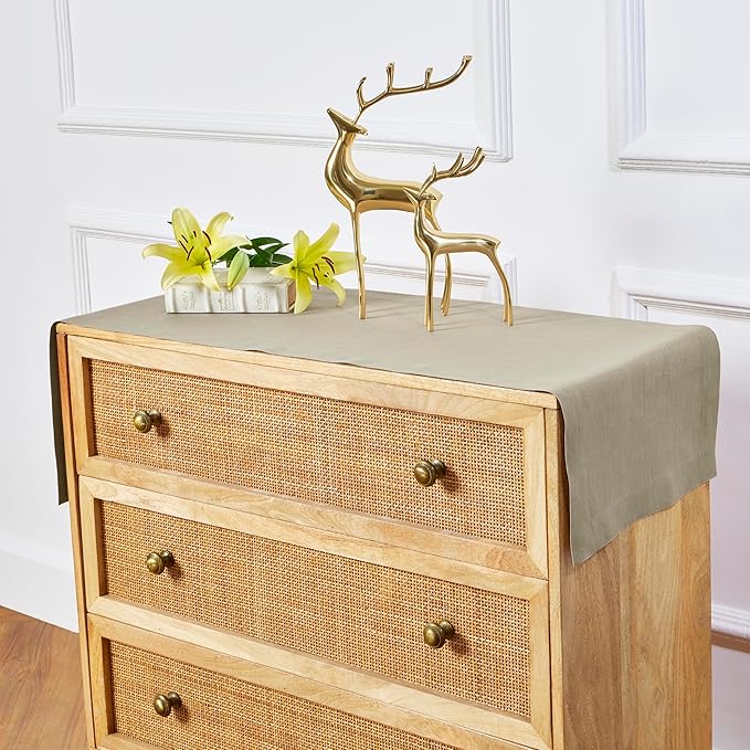 Solino Home Linen Table Runner 48 Inches - 100% Pure Linen Vintage Khaki Table Runner 14 x 48 Inch Ideal for Dresser and Coffee Tables - Fall, Autumn, Thanksgiving - Fete