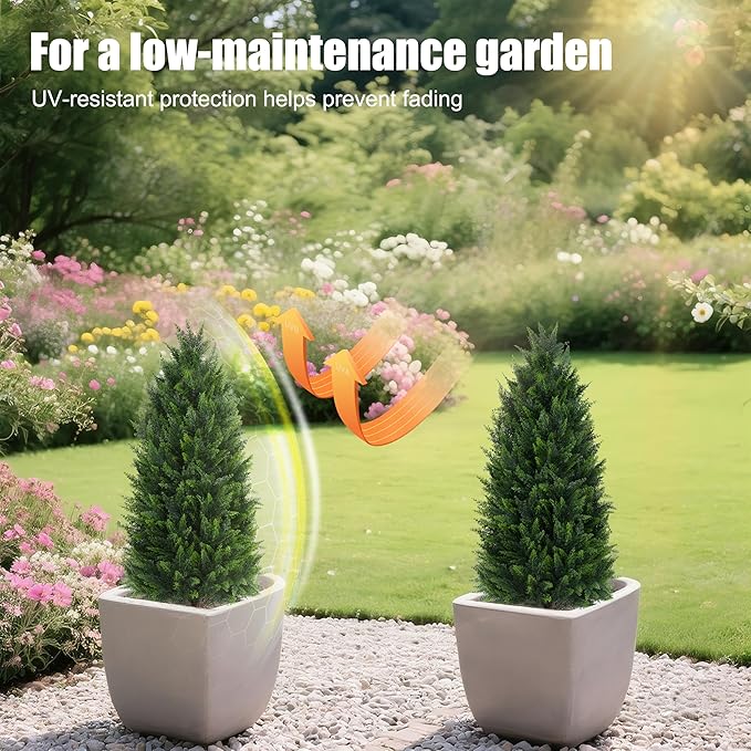 Artificial Cedar Trees, 3FT Tall Faux Tree Potted Plants with Trunk 36in Fake Cypress Tree for Indoor Outdoor Front Porch Garden Decor-2pack