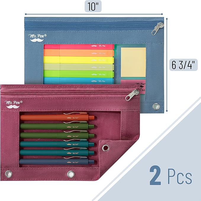 Mr. Pen- 2 Pack Pencil Cases, Flat Zipper Pouch for 3 Ring Binder