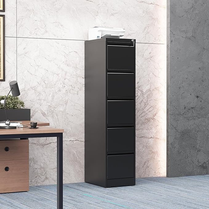 5 Drawer File Cabinet with Lock, Steel Vertical Filing Storage Cabinet for Home Office, Heavy-Duty File Cabinets for Letters/Legal/A4 (Require Assembly, Black)