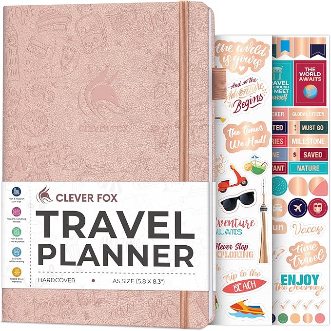 Clever Fox Travel Journal – Vacation & Trip Organizer with Budget Plan, Packing List, Travelling Expense Tracker, A5 (Rose Gold)