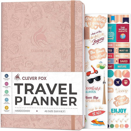 Clever Fox Travel Journal – Vacation & Trip Organizer with Budget Plan, Packing List, Travelling Expense Tracker, A5 (Rose Gold)