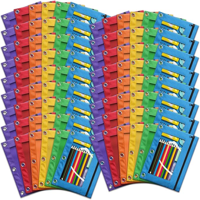 V-Opitos Pencil Pouch for 3 Ring Binder, Bulk 102 Pack 3-Holes Zipper Pencil Pouches in Assorted Colors, Sturdy and Durable Cloth Pencil Holder with Clear Window for Office School College Supplies