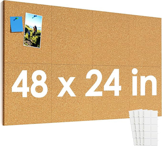 MaxGear Large Cork Board for Wall 48" x 24", 8 Pack Cork Board Tiles with 20 Pushpins & Safe Removable Adhesive Tabs, 12" x 12" Corkboards for Office, School, Home