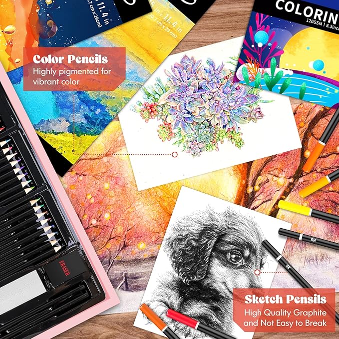 Caliart Art Supplies, 153-Pack Deluxe Art Set in Wooden Case, Crafts Drawing Painting Kits with 2 A4 Sketch Pads, Coloring Book, Stocking Stuffers Christmas Gifts for Teens Girls Kids Artists