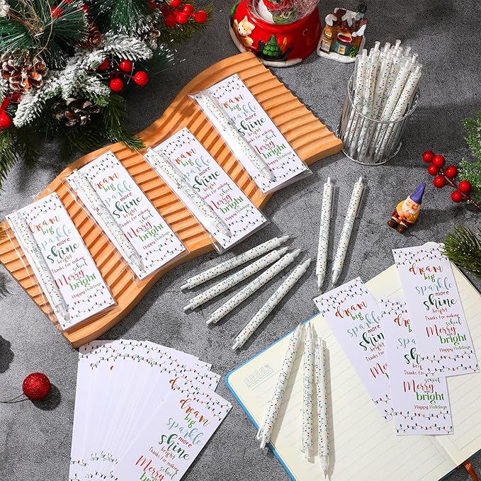 50 Sets Christmas Pens Bulk Christmas Employee Appreciation Gifts Bulk String Lights 0.7 mm Mechanical Pencils with Bookmarks Coworkers Xmas Gifts for Staff Teacher Office Team