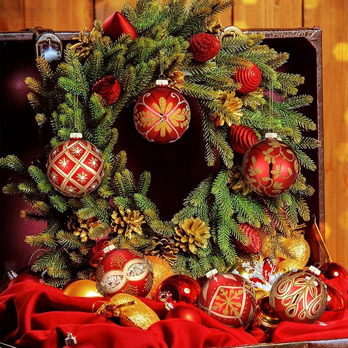 6 Pcs 3.15 Inch Glass Luxury Christmas Ball Red and Gold Ball Ornaments Glass Christmas Tree Decorations Luxury Hanging Ornaments for Xmas Tree Party Holiday Decor