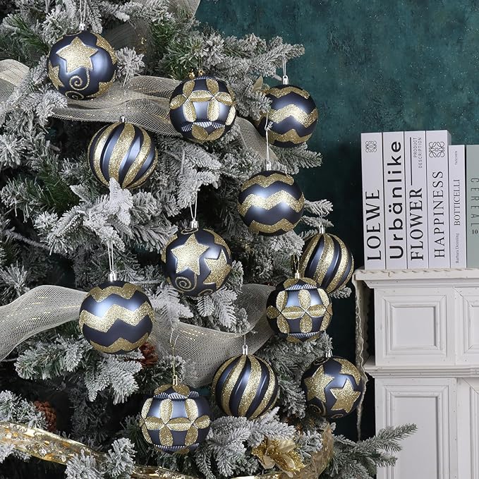 4 Inch Blue Gold Christmas Ornaments, 12Pcs Large Shatterproof Christmas Bulbs Ornaments, Big Christmas Balls Hanging Decorations for Christmas Trees Holiday Parties Malls (Blue & Gold)