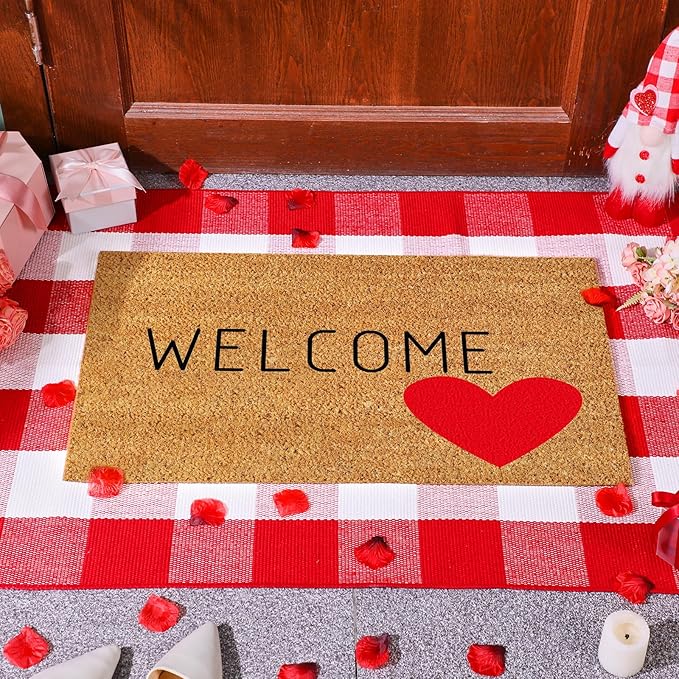 2 Pcs Valentine's Day Coir Welcome Doormat Valentine's Day Rug Outdoor Layered Buffalo Plaid Red and White Mat Red Heart Mat for Front Porch Entryway Outdoor
