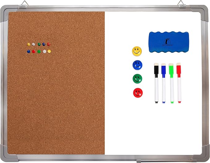 Combination Whiteboard Bulletin Board Set - 24 x 18 in Dry Erase/Cork Board with 1 Magnetic Dry Eraser, 4 Markers, 4 Magnets and 10 Thumb Tacks - Combo Tack Board White Board for Home Office Desk