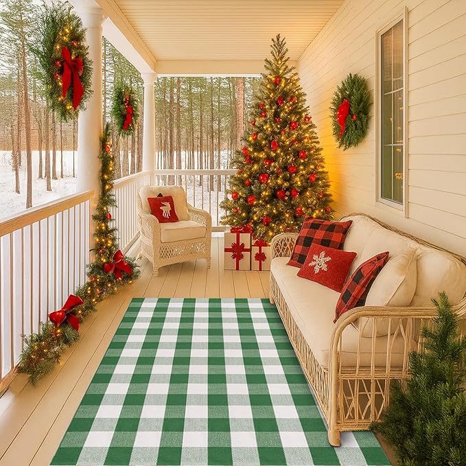 Christmas Green & White Plaid Rug - 4' x 6' Outdoor Front Door Decor Mat Cotton Washable Hand-Woven Rug Christmas New Year Holiday Porch Entryway Layered Doormat
