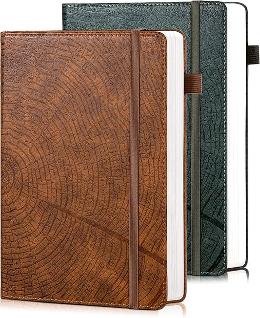 CAGIE Lined Journal for Men Women, Tree Growth Ring Leather Bound Journal Notebook 256 Pages 100 GSM Journals for Writing, A5 Hardcover Journaling Notebooks,2 Pack (Brown & Dark Green)