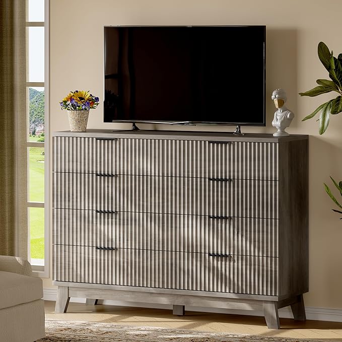 Fluted Dresser with 8 Drawers, 54" Wide Wood Chest of Drawers with Metal Handle, Wooden Dresser TV Stand, Modern Closet Clothes Storage Organizer for Bedroom, Living Room, Hallway, Light Grey