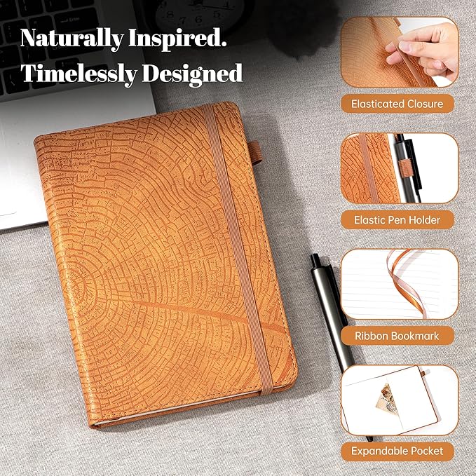 CAGIE Lined Journal for Men Women, Tree Growth Ring Leather Bound Journal Notebook, 256 Pages 100 GSM Journals for Writing, A5 Hardcover Journaling Notebooks for Work, Note Taking
