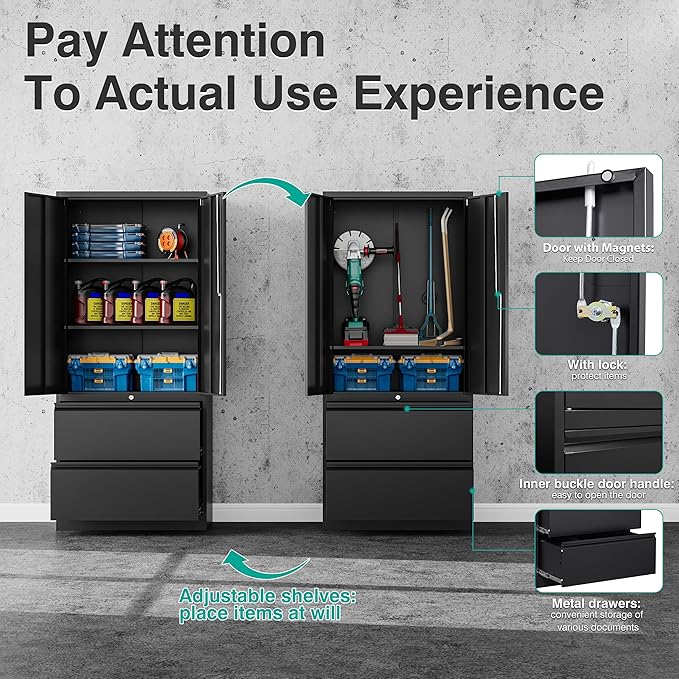 SISESOL 2 Drawer Lateral File Cabinet with Lock and Shelf,71" Black Filing Storage Cabinet with Doors,Locking Metal Storage Cabinets with Drawers for Home,Office,Garage,School,Fit A4/Letter/Legal File