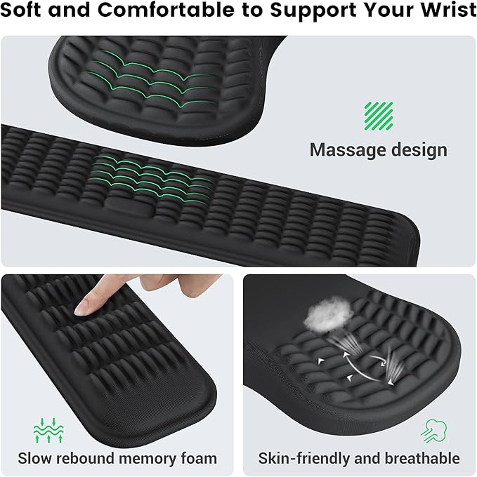 MEKASS Ergonomic Mouse Pad and Keyboard Wrist Rest Set, Super Soft Memory Foam Desk Wrist Support for Computer Keyboard, Non-Slip Arm Palm Rests Cushion for Typing Gaming Office Laptop Mac (Black)