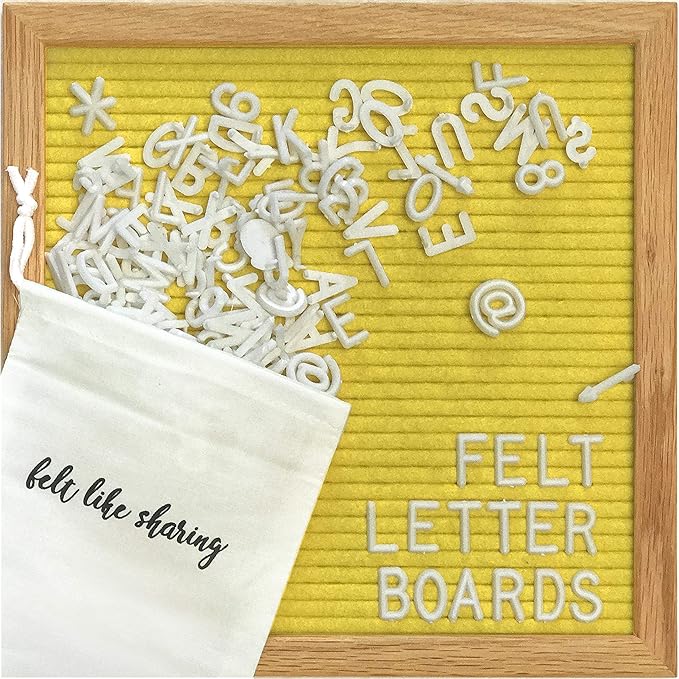 Felt Like Sharing Square Letter Board (Yellow Felt - 10”x10”) – Changeable Message Board with 3 Sets of Felt Board Letters – Statement Wall Sign for Quotes, Home or Holiday Decor In Oak Frame