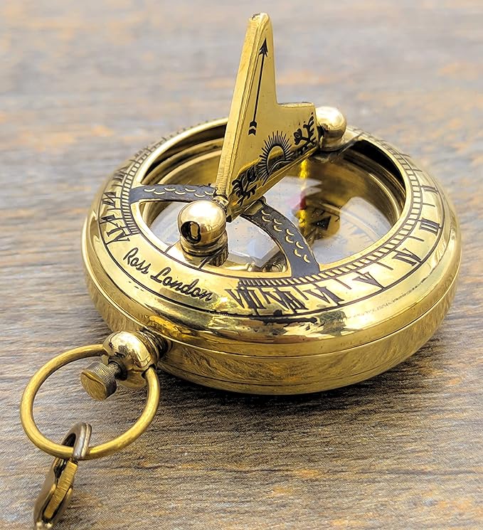 Brass Sundial Compass with Leather Case and Chain - Push Open Compass - Steampunk Accessory - Pocket Sundial Compass - Beautiful Handmade Gift -Sundial Clock, Gold, 2 Inch