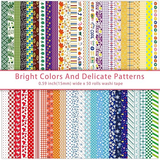 emmoolife 50 Rolls Washi Tape Set, 15mm Wide Rainbow Colored Tape Aesthetic Design Masking Decorative Tape for Scrapbooking Supplies, Bullet Journaling, Junk Journal, Wrapping Planners, DIY Arts Craft