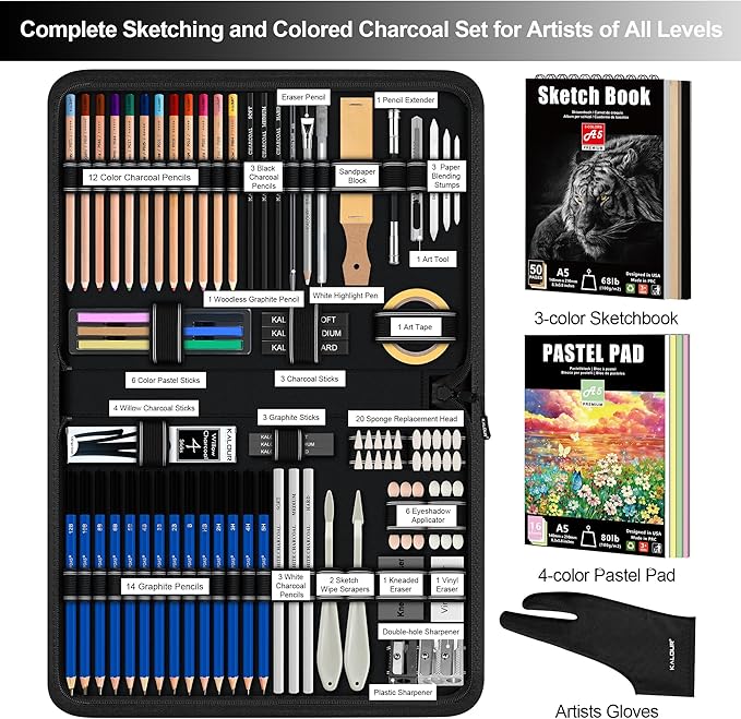 KALOUR 95-Piece Sketching and Drawing Art Set with 3-color Sketch Book and Pastel Paper – Graphite, Charcoal, and Pastel Pencils – Complete Artist Kit for Beginners and Professionals