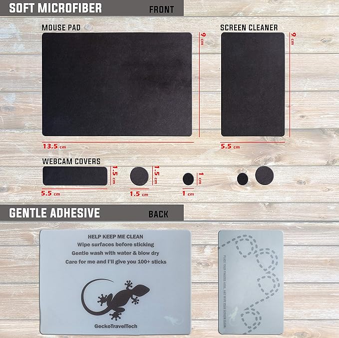 Mouse Pad Adhesive Bottom - Sticks to Any Surface - Portable - Webcam Covers and Screen Cleaner Included (Blank Black)