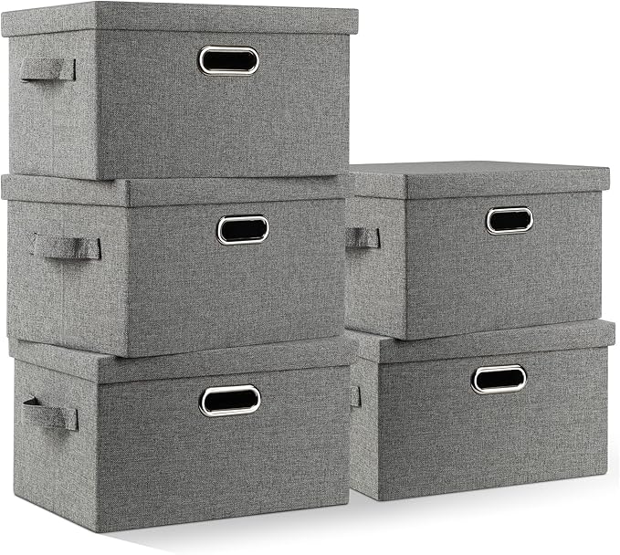 Medium 15" 21 Quart Collapsible Stackable Storage Bins with Lids, 5 Packs Grey Foldable Fabric Closet Boxes Heavy-duty Linen Cube Baskets Container for Bedroom Office (15 x 11 x 8)