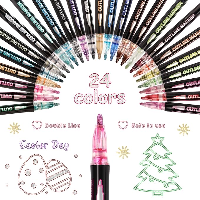 Outline Glitter Markers, 24 Colors Outline Shimmer Markers, Teen Girl Gifts Trendy Stuff, Glitter Pens Set, Art Crafts School Journaling Supplies for Kids Girls Ages 4-16 Year Old