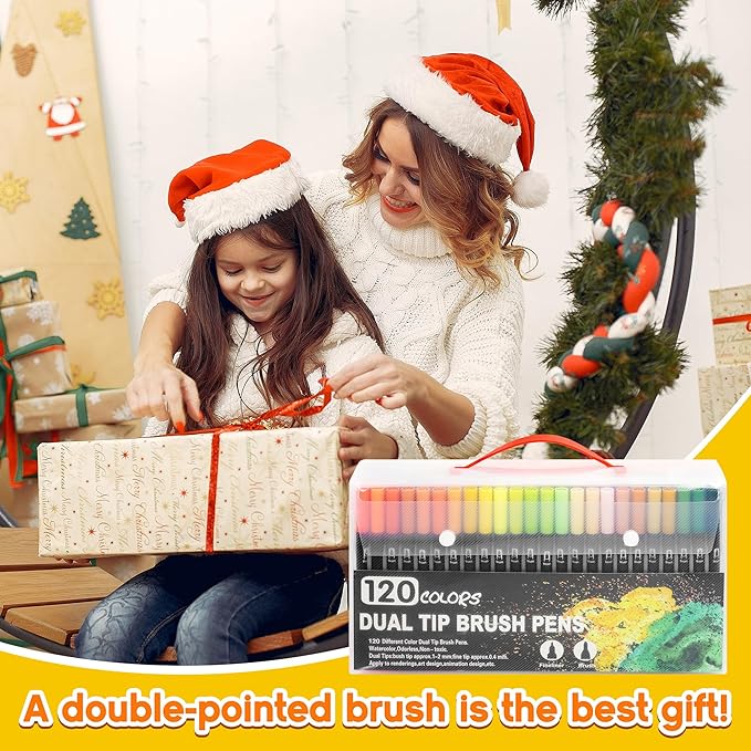 Art Markers Pens Brush Tip - 120 Color Dual Brush Pen and Fine Tip Marker for Coloring Drawing Journaling Lettering - Markers for Adults Kids Coloring Books No Bleeding Art Supplies Set